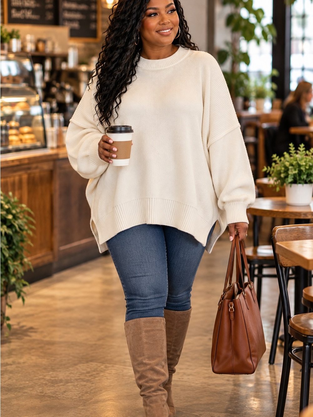 Free People Chunky Ribbed Oversized Crewneck Sweater in Cream